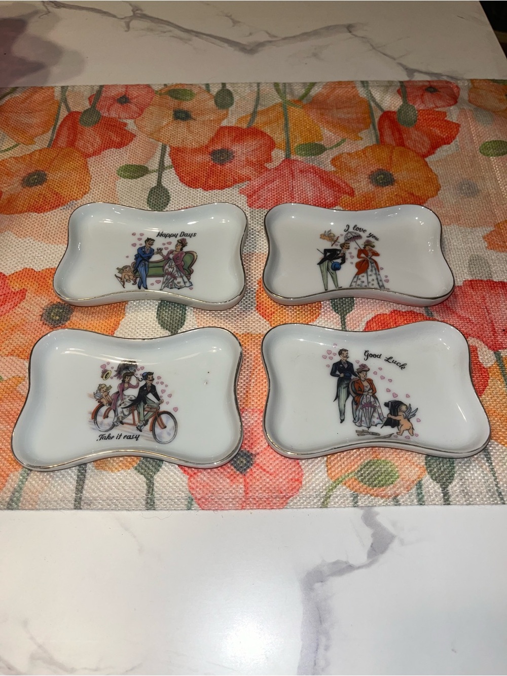 Set of 4 Vintage Romantic Illustration Trinket Dishes